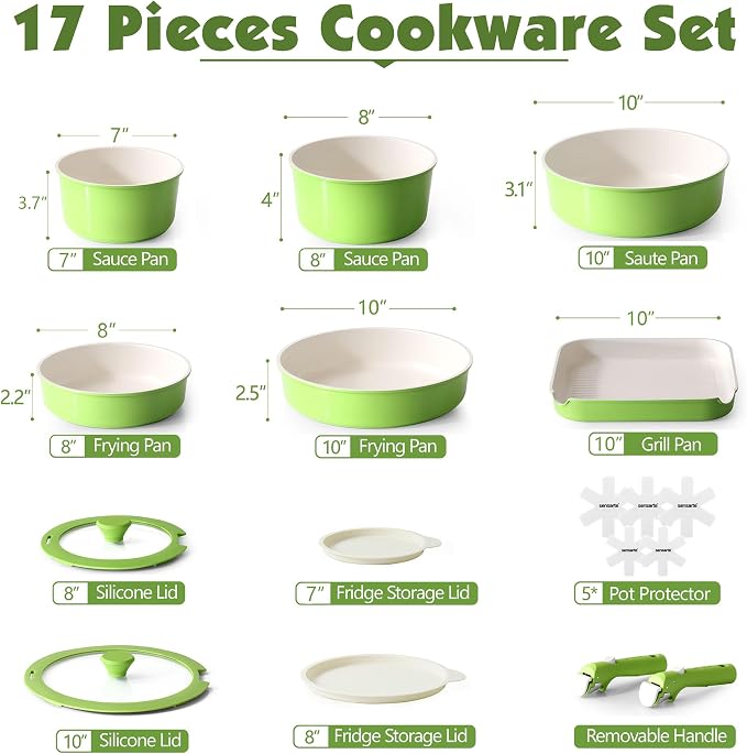 SENSARTE 17 Piece Ceramic Detachable Handle Pots and Pans Set Green | Ceramic Cookware Set, Induction Cookware Set with Removable Handle, Healthy Non Stick for RV, Dishwasher ＆ Oven Safe - Image 2