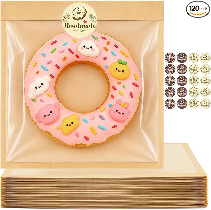 120PCS Cookie Bags with Seal, 7.1 x 7.5 Inch Cookie Packaging with Stickers | Heat Sealable & Grease Resistant Paper Bakery Bags with Window, Pastry Bags for Bake Sale Treat Scone Donut Brownie by ORIKASO