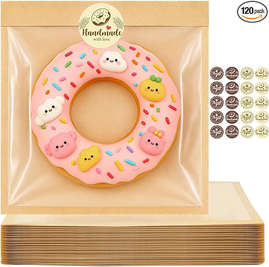 120PCS Cookie Bags with Seal, 7.1 x 7.5 Inch Cookie Packaging with Stickers | Heat Sealable & Grease Resistant Paper Bakery Bags with Window, Pastry Bags for Bake Sale Treat Scone Donut Brownie by ORIKASO