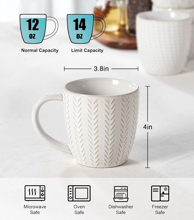 Lareina Coffee Mug Set of 4, 12 oz Ceramic Embossment Mug Set for Latte, Hot Tea, Cappuccino, Mocha, Cocoa, Housewarming Wedding Gift, Ivory White - Image 3