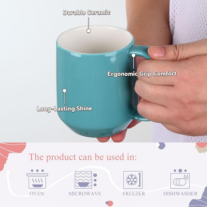 Miicol Ceramic Coffee Mug, 16 oz Large Coffee Cup, Tea Mug with Handle, Flat Bottom Mug for Men, Women, Office, Microwave and Dishwasher Safe, Multi-Color, Mint Blue - Image 7
