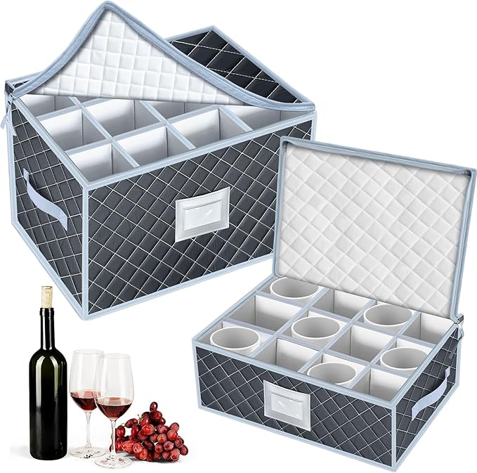 Wine Glass and Mug Storage Box with Dividers - 2 Pack China Storage Containers Set Holds 24 Glassware , Stemware，Coffee Mug and Tea Cup, Organizer Bin with Sturdy Metal Zipper,Label and Handles (Grey) by VERONLY