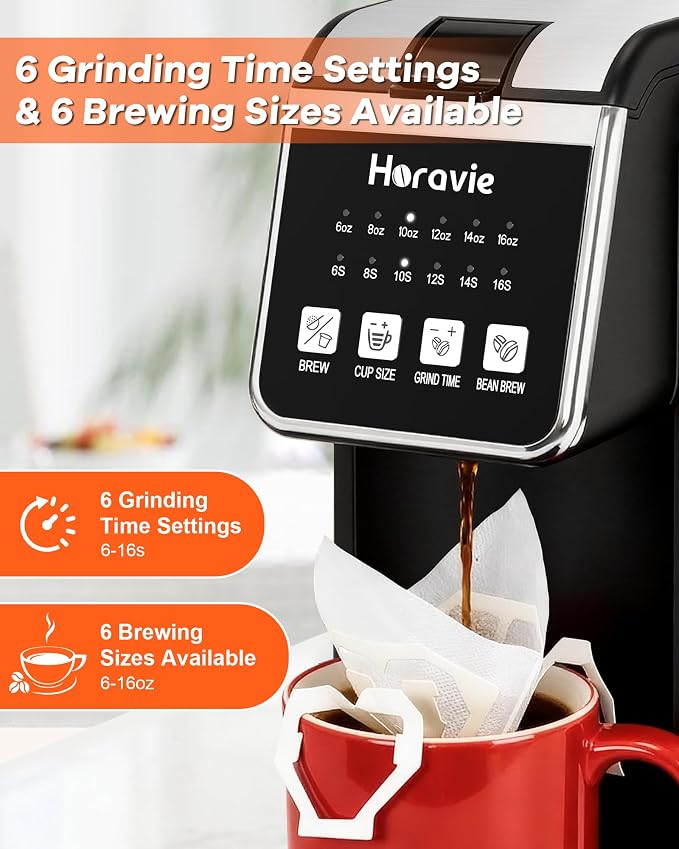 Horavie Single Serve Coffee Maker with Built-in Grinder, Fast Brew 6-16oz Single Cup for Whole Beans, Grounds, K Pod, Grind and Brew Coffee Maker with 47oz Water Tank, Descaling Alert, Black - Image 5