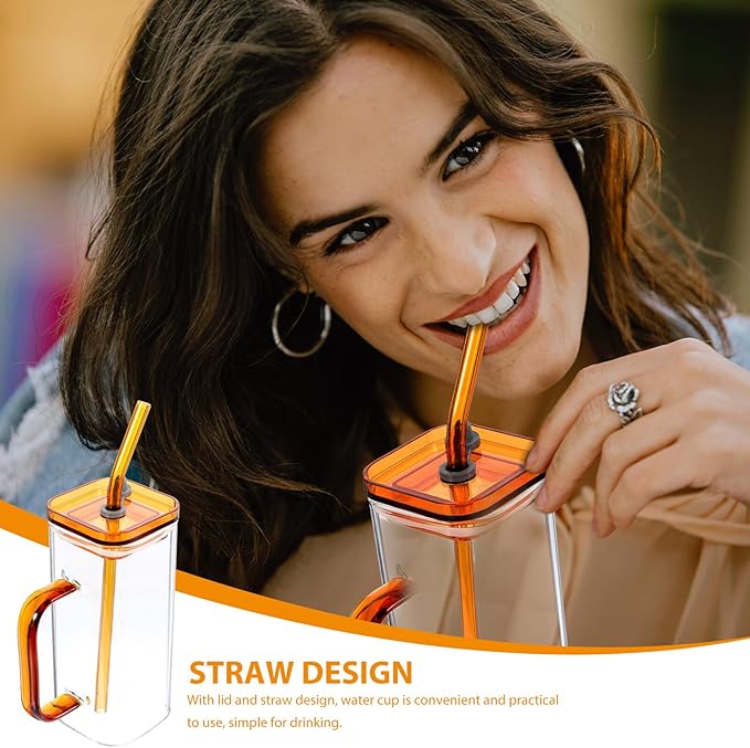 High Borosilicate Glass Cup with Straw and Amber Handle Square PP Lid Transparent Beverage Tumbler for Milk Juice Iced Coffee Portable Drinking Glass with Lid for Home and Outdoor