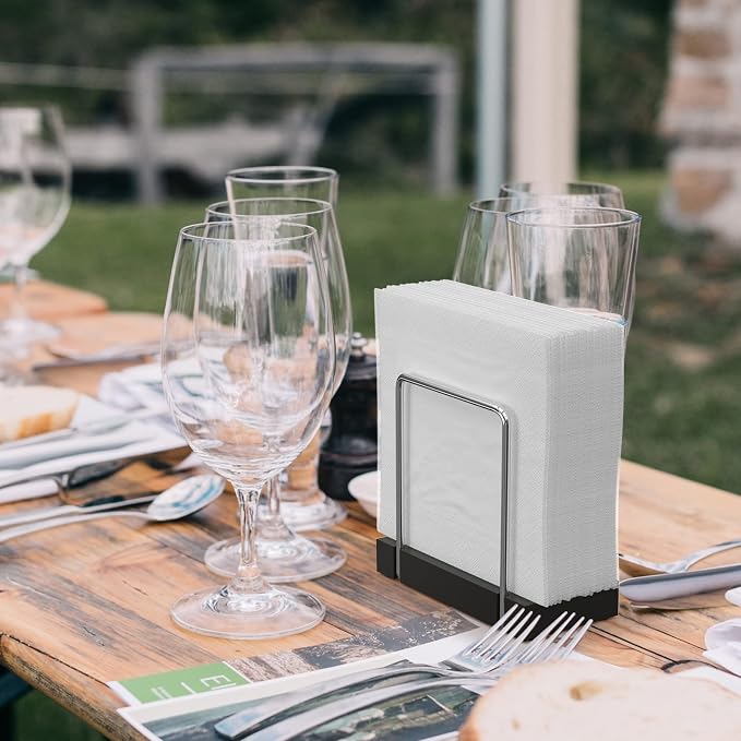 Wican Napkin Holder for Table, Bamboo Iron Standing Napkin Dispenser | Kitchen Dining Table Farmhouse Cocktail Picnic Rustic Wood Holders, Mail Bills, Suitable Dining Room Decors, Silvery & Black - Image 3