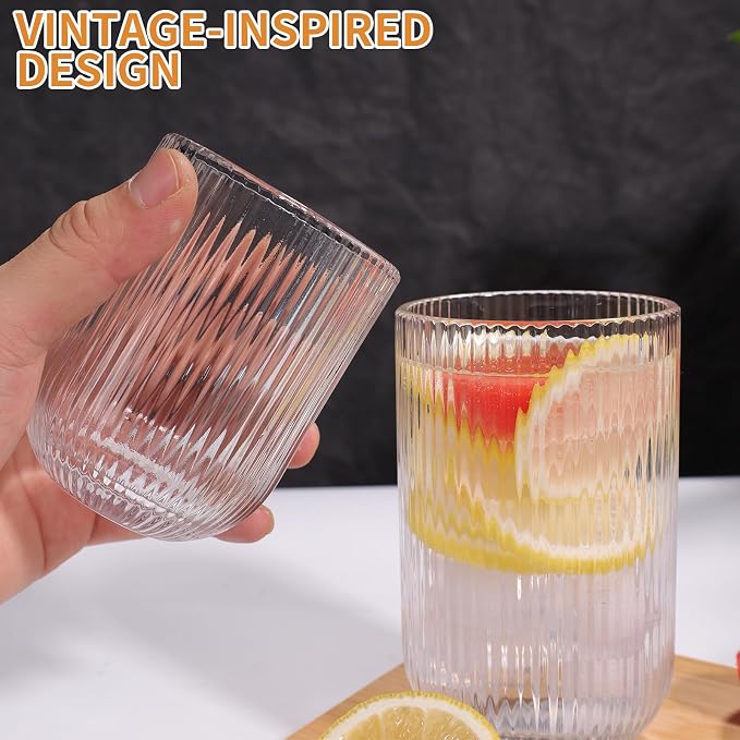 Set of 8 Ribbed Glassware,4 Highball Glasses 14oz & 4 Rocks Drinking Glasses 9oz, Clear, Origami Style, Fluted Design, for Milk, Water, Cocktail, Juice, Beer, ToothBrush Cup, Gift - Image 5