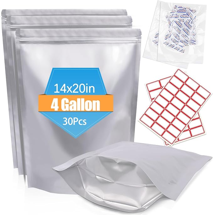 30PCS 4Gallon 14"X20" Mylar Bags for Food Storage with Oxygen Absorbers&Lables,10 Mil Thick Resealable Stand-Up Zipper&Heat Sealable Bags for Long Term Food Storage,Dried Food by NexLevVac