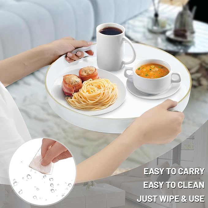 MAONAME 13" White Decorative Tray, Plastic Round Serving Tray with Handles | Decorative Tray for Coffee Table, Modern Ottoman Tray, Circle Tea Tray, Round Melamine Tray for Living Room, Bathroom - Image 4