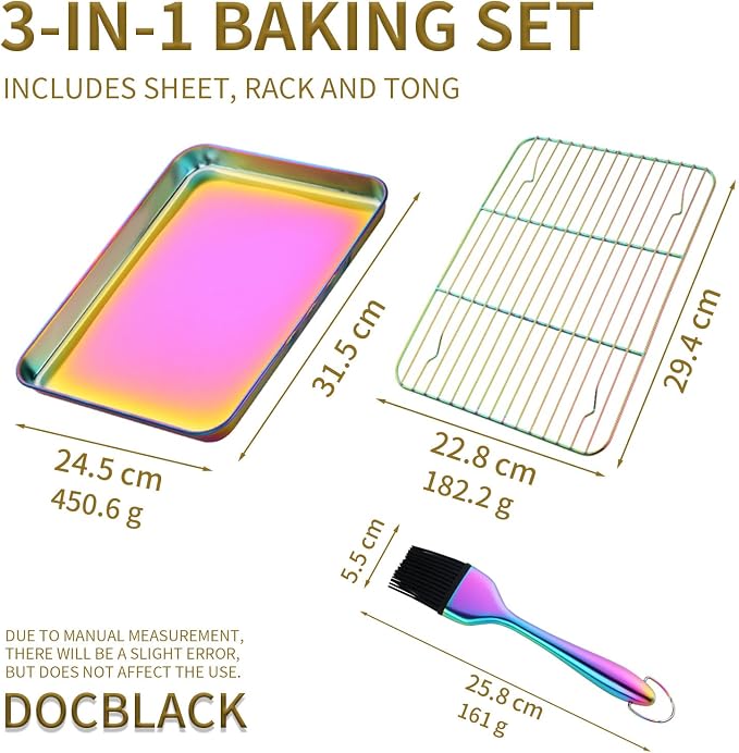 DOCBLACK Baking Sheet with Wire Rack and Silicone Pastry Basting Brush Set, Stainless Steel Cookie Sheet Baking Tray & Cooling Rack & Silicone Food Brush for Cooking and Oven, Dishwasher Safe-Rainbow - Image 2