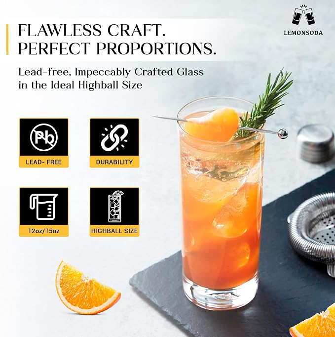 LEMONSODA Premium Highball 12oz/15oz Glass Sets - Elegant Tom Collins Glasses - Tall Water Drinking Glasses - Bar Glassware for Mojito, Whiskey, Cocktail (15oz, Set of 6) - Image 4