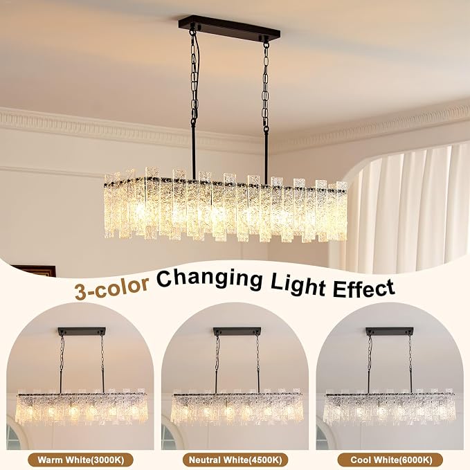 Modern Rectangle Black Crystal Chandeliers for Dining Room, L39" Large Rectangular Water Ripple Glass Island Light Fixture, 6-Lights Hanging Pendant Light for Kitchen Island, Living Room - Image 4