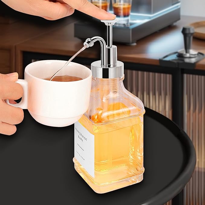 Coffee Syrup Dispenser for Coffee Bar, Clear Glass Syrup Bottles with Pump, Refillable Maple Syrup Storage, Coffee Station Accessories and Organizer, 500ml, Set of 2 + Tray (Chrome Finish)
