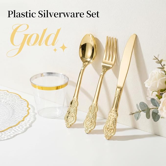 N9R 300pcs Gold Plastic Silverware Dinnerware Flatware- Heavyweight Plastic Cutlery Set, 100 Forks, 100 Spoons, 100 Knives, Gold Utensils for Party, Thanksgiving, Christmas | 100 Fancy Forks, Spoons, Knives, Heavy Duty, BPA-Free, for Party, Weddings, B... - Image 7