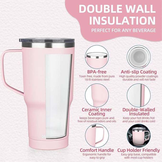 20 oz Insulated Coffee Mug with Ceramic Coating, Stainless Steel Travel Mug Tumbler with Handle Lid and Straw, Double Wall Leak-Proof Coffee Travel Mug Keeps Drink Hot and Cold (Pink) - Image 3