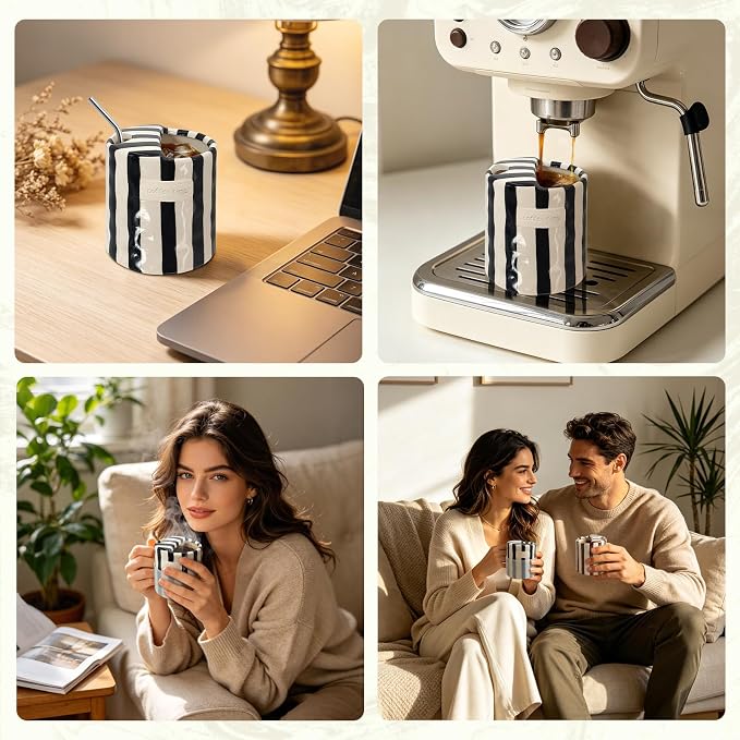 10 oz Ceramic Coffee Mug with Sip Hole & Silicone Sleeve, Black | Cute Hand-Painted Striped Porcelain, Gift for Coffee Lover, Cold & Hot Drinks, Microwave & Dishwasher Safe - Image 3