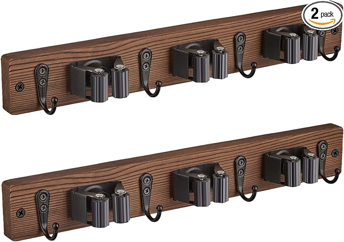 OUTNILI 2 Pack Mop Broom Holder Wall Mount with 3 Slots & 4 Hooks - Rustic Wood Broom Mop Hanger for Pantry Kitchen Organization - Garden Tool Organizer for Closet Laundry Room by OUTNILI