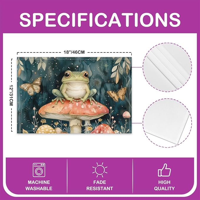 Feelyou Frog Placemats Set of 4 Cute MushKitchen Dining Table Placemats for Dining Table Indoor Outdoor Kitchen 12"x18" Cartoon Mushrooms Table Mats Placemat Kawaii Decor Table Place Mats Animal Print - Image 4