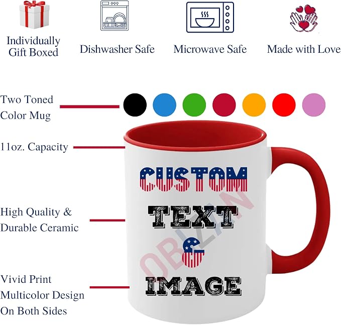 Custom Coffee Mug with Photo, Text, or Logo | Personalized Ceramic Mug 11oz | Customizable Gift for Men, Women | Unique Gift for Birthdays, Holidays, Christmas | White - Red - Image 6