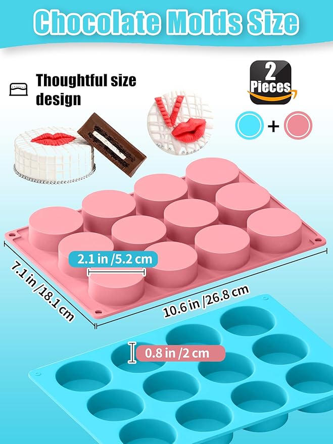 2 PCS Round Chocolate Cookie Molds, 12-Cavity Cylinder Silicone Mold, Perfect for Chocolate Covered Oreos, Cake, Candy, Pudding, Mini Cakes Jelly Baking -Blue&Pink
