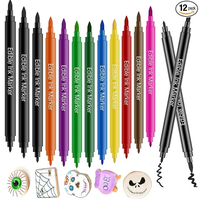 Edible Markers for Cookie Decorating- 12PCS Edible Marker Food Coloring Pens Set Drawing Double Side Writers Tools for Kids DIY Easter Eggs, Cookies, Frosting, Macaroons, Chocolate, Cake Decorations