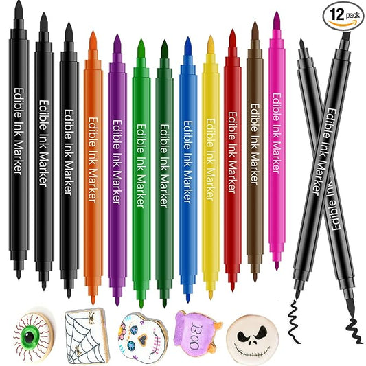Edible Markers for Cookie Decorating- 12PCS Edible Marker Food Coloring Pens Set Drawing Double Side Writers Tools for Kids DIY Easter Eggs, Cookies, Frosting, Macaroons, Chocolate, Cake Decorations