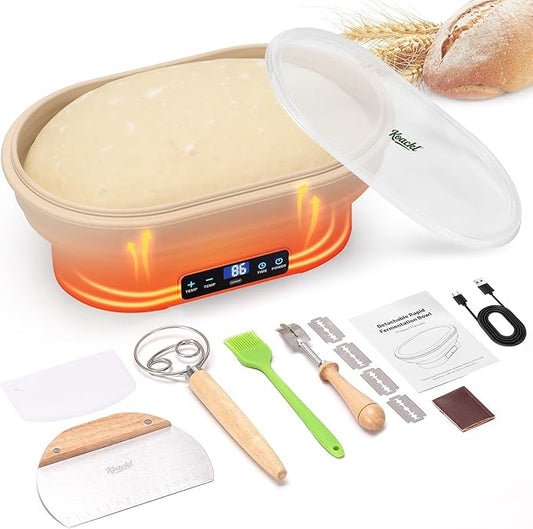 Upgraded Silicone Sourdough Starter Warmer Bowl, Sourdough Starter Kit with Precise 6 level Thermostat Control (77-122°F), Auto Warming On/Off, 6-Hour Timer Sourdough Bread Baking Supplies