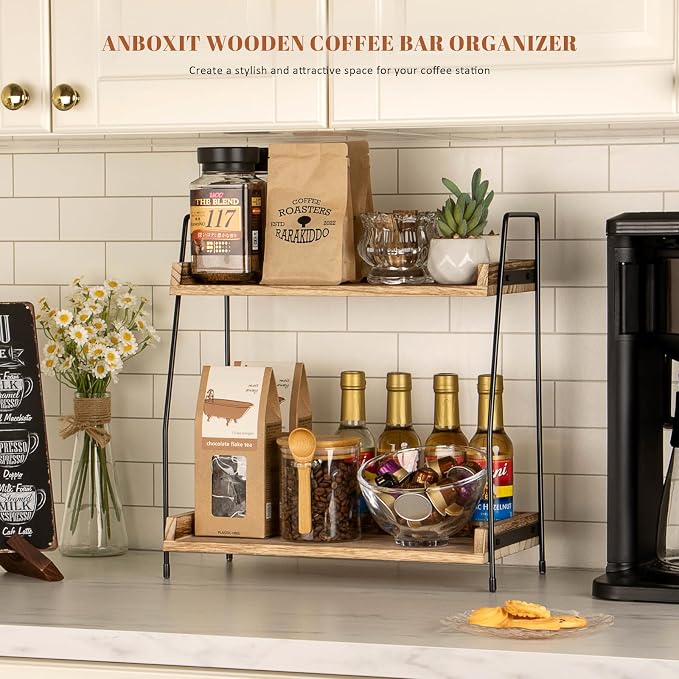 ANBOXIT Countertop Coffee Station Organizer, 2 Tier Wooden Shelf | for Coffee Bar Accessories, Condiment Storage Caddy for Kitchen, Home, Office - Brown - Image 3