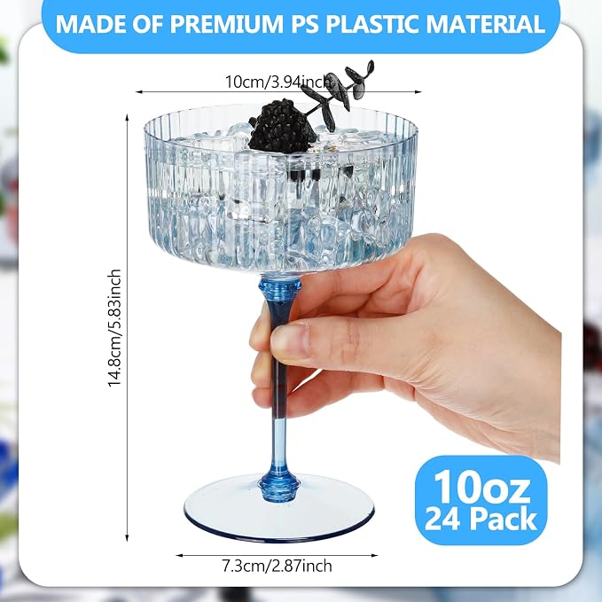 Jingmore 24 Pcs Ribbed Martini Glasses 10 oz Disposable Plastic Vintage Ribbed Coupe Glasses Unbreakable Dessert Parfait Glassware for Wedding Birthday Party Supplies (Blue) - Image 2