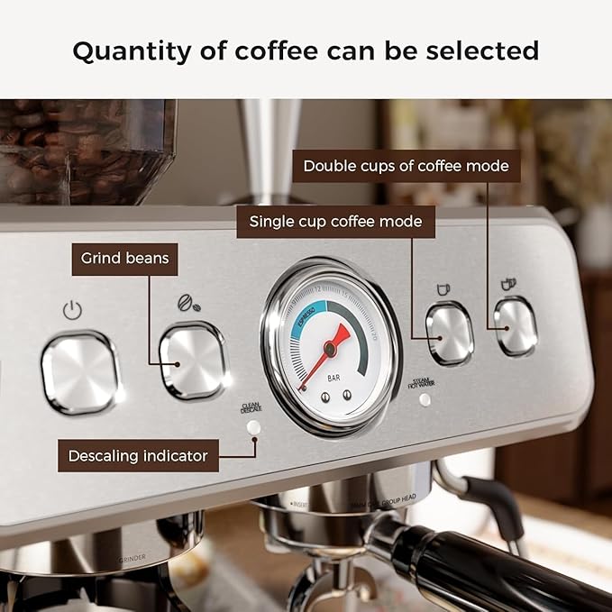 Kismile Espresso Machine with Grinder, 20 Bar Automatic Espresso Maker with Milk Frother Steam Wand, Removable Water Tank for Latte & Cappuccino, Professional Coffee Machine for Home