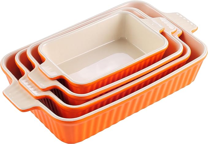 MALACASA Casserole Dishes for Oven, Ceramic Baking Dishes Set of 4,Orange | Rectangular Lasagna Pans Bakeware for Roasting Vegetable, Gratins, Gift Set, Oven Dishwasher Safe (9.4/11.1/12.2/14.7") by MALACASA