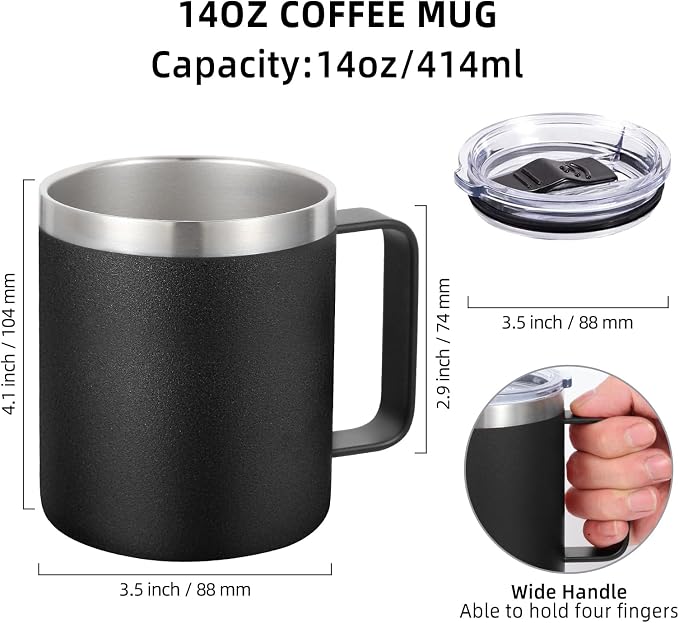 Volhoply 14oz Insulated Stainless Steel Coffee Mug with Lid Bulk 2 Pack,Double Wall Vacuum Travel Coffee Cup with Handle,Reusable Cups Tumbler,Camping Mugs Keep Hot,Ideal Gifts(Black,2 Set) - Image 2