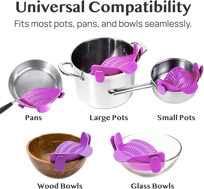 Kitchen Gizmo Snap N Strain Pot and Pasta Strainer - Strainers and Colanders - Adjustable Silicone Clip On Strainer for Pots, Pans, and Bowls - Kitchen Colander - Purple (Pack of 2) - Image 6