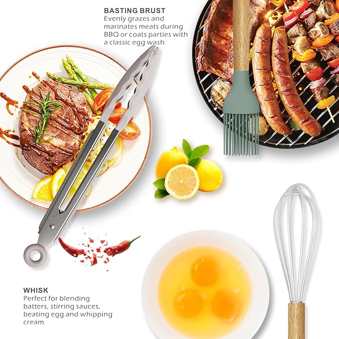oannao Silicone Cooking Utensils Set - 446°F Heat Resistant Silicone Kitchen Utensils for Cooking,Kitchen Utensil Spatula Set w Wooden Handles, BPA FREE Gadgets for Non-Stick Cookware (Colorful) - Image 4