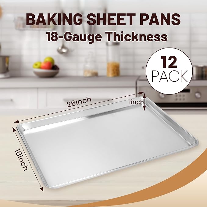12 Pack Full Size Aluminum Baking Sheet Pan, 26 x 18 in | NSF, Aluminum Commercial Cookie Sheets, Non-Stick, Oven Safe Up to 500℉ - Image 2