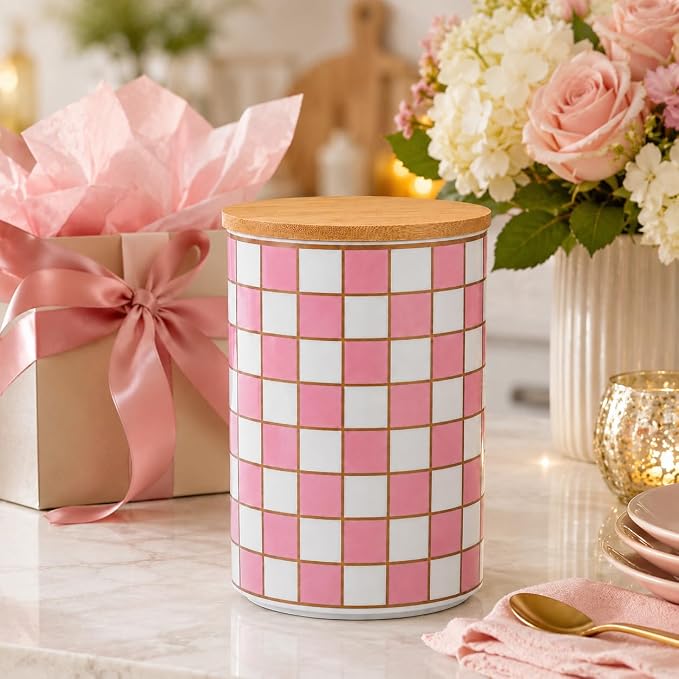 Kitchen Countertop Ceramic Checkered Canisters,Black And White Food Storage Containers With Lid,Airtight Kitchen Canisters for Flour, Sugar, Coffee, Tea, and Dry Goods (Pink, XL) - Image 7