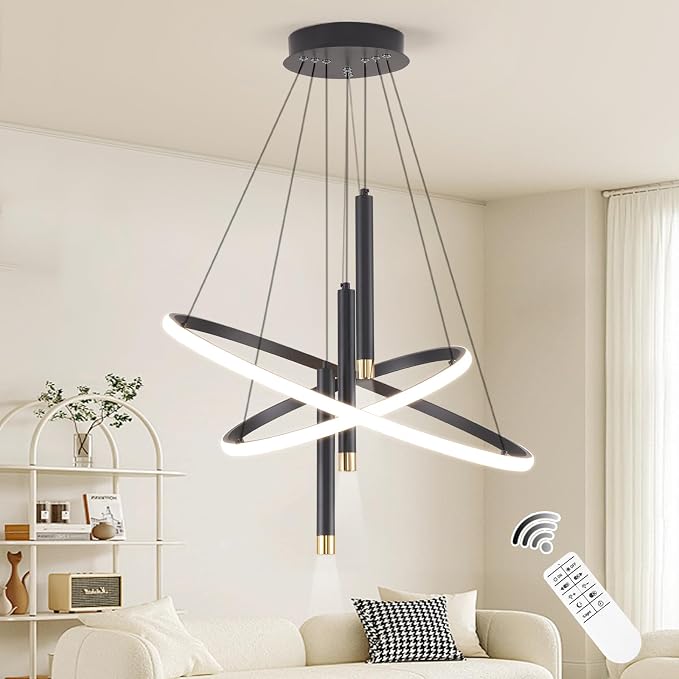 ORANOOR LED Black Modern Chandeliers, Dimmable 24inch Kitchen Pendant Light | Dining Room Light Fixtures Ceiling Hanging Over Table, 2 Ring Round Chandelier for Bedrooms Living Room, LED Pendant Lamp 75W by ORANOOR