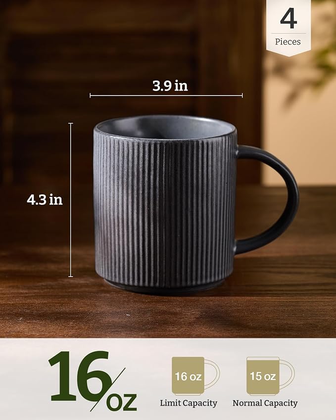 famiware Coffee Mug Set for 4, Star 16 oz Catering Mugs Cup Set with Handle for Coffee, Tea, Cocoa, Milk - Ceramic Stoneware Drinkware Set, Matte Dark Charcoal - Image 4