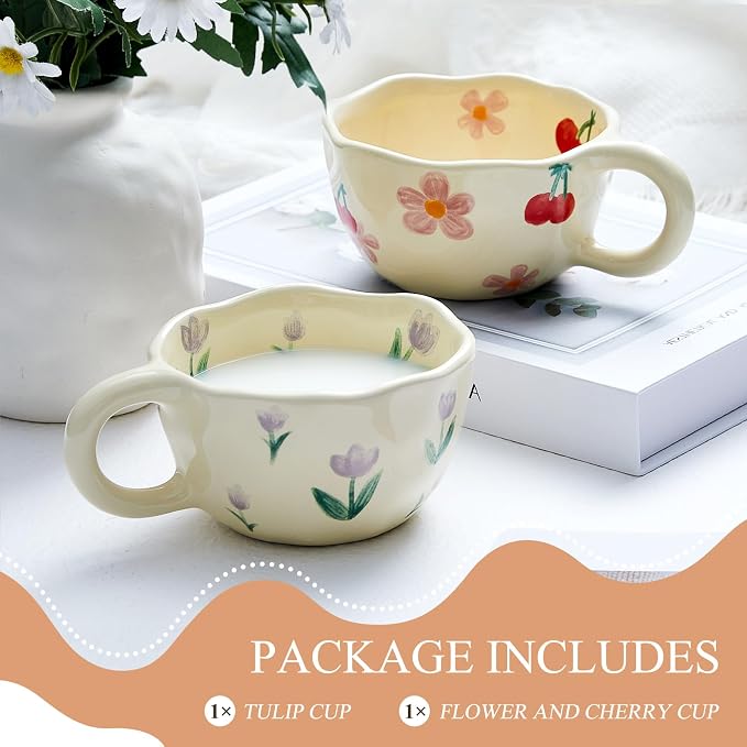 Vesici 2 Pcs Ceramic Coffee Mugs with Spoon, Vintage Floral Spring Mugs with Handle, 8.5 oz Aesthetic Flower Porcelain Tea Cup Set, Dishwasher & Microwave Safe Mothers Day Gifts for Mom(Cherry) - Image 7