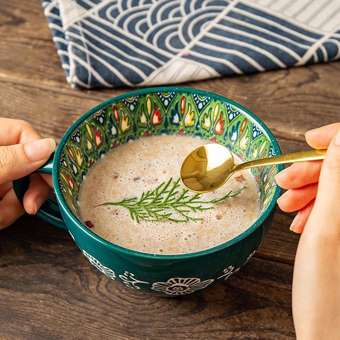 Bohemian Hand-Painted Ceramic Mug, 15 Oz Large Coffee Cup for Milk, Tea, and Breakfast, Dishwasher & Microwave Safe Artisan Cup, Green-J - Image 2