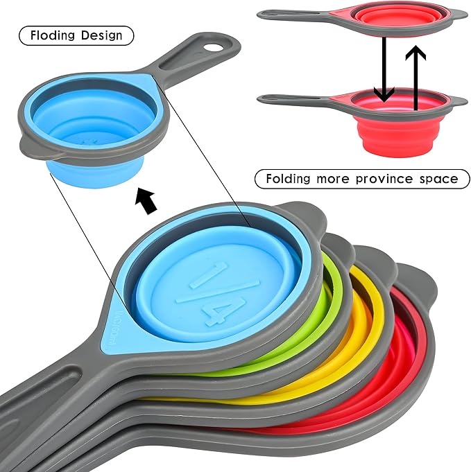 Measuring Cups and Spoons Set of 8, Silicone Collapsible Measuring Cups and Spoons for Baking&Kitchen, Engraved Metric/US Markings for Liquid&Dry Measuring, Space Saving, BPA Free, Colorful