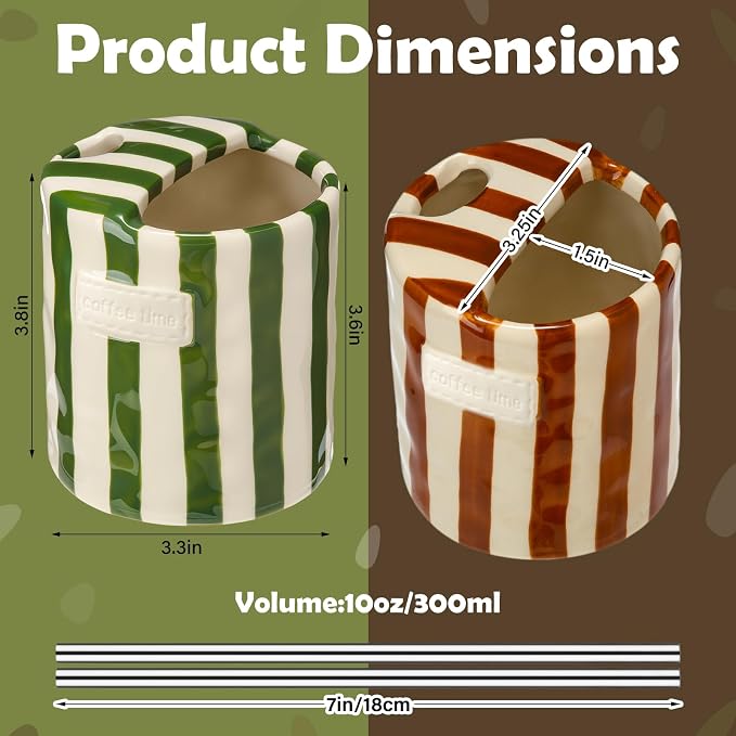 2 Pack Ceramic Coffee Mug with Sip Hole Espresso Cup 10oz with Straws Retro Hand Painted Striped Ceramic Iced Coffee Tea Travel Mug Latte Cup for Kitchen Dining (Simple,Green,Brown) - Image 2
