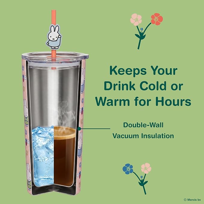 Dragon Glassware | Miffy Stainless Steel Tumbler with Straw, 24 oz - Pink | Vacuum Insulated Stainless Steel Tumbler with Straw & Lid; Double Walled Tumbler with Straw Charm; Miffy Cup with Lid - Image 5