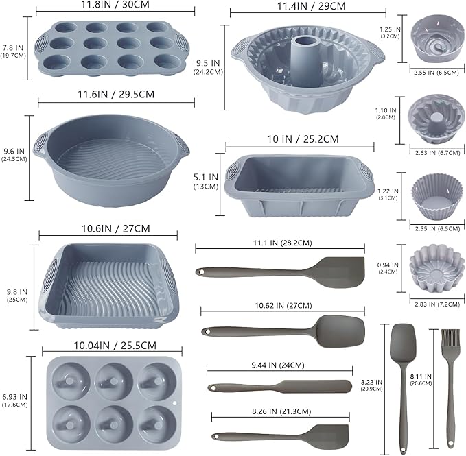 24 PCS Nonstick Silicone Baking Pans Set,With Baking Pan Cake Molds,Fluted Pans,Donut Pan,Muffin Pan,Nonstick Cake Pan Reusable Tube Oven Baking Mold for Muffin, Cake, Bread(Light Grey)