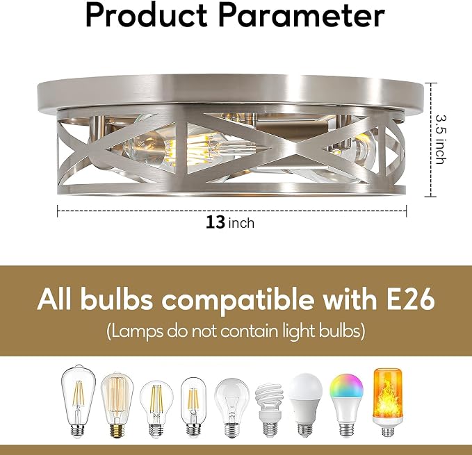 2 Pack Close to Ceiling Light Fixtures, 3-Lights Brushed Nickel Flush Mount Ceiling Light, 13 Inch Indoor Metal Cage Semi Flush Mount Ceiling Light for House Bedroom Laundry Hallway Kitchen - Image 2