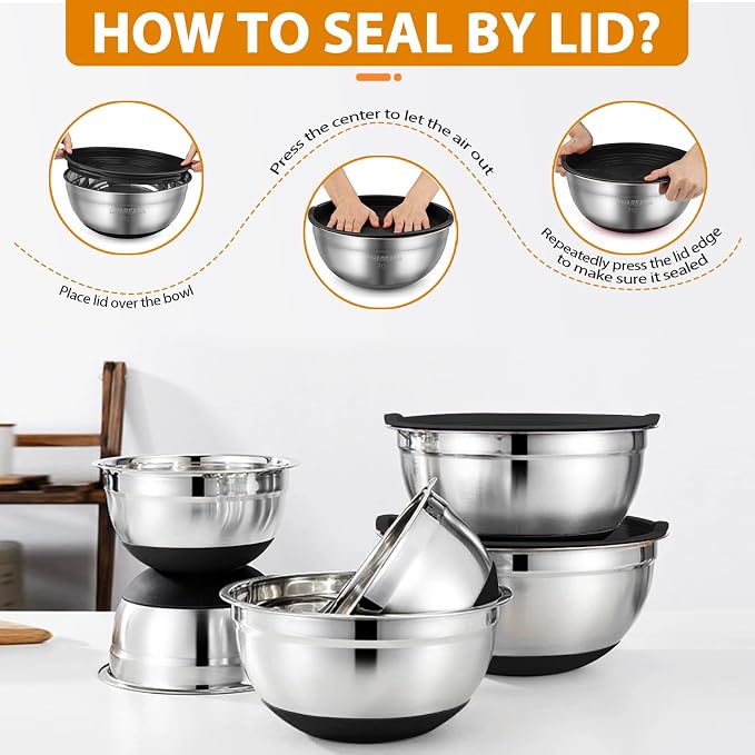 Mixing Bowls with Airtight Lids, 18pcs Stainless Steel Mixing Bowls Set | Nesting Non-slip Silicone Bowls Bottom, Size 4.5, 3.6, 2.7, 2.1, 1.7, 1.1, 0.7 qt, Fit for Mixing & Serving(Black) - Image 2