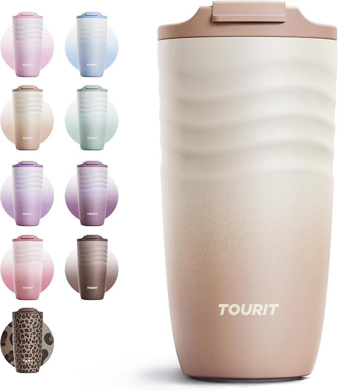 TOURIT 16 oz Travel Coffee Mug, Vacuum Insulated Stainless Steel Tumbler with Ripple-Wave Anti-Slip Grip, Built-in Silicone Bottom for Quiet & Stable, Leak-Proof Lid, Fits Car Cup Holder, Khaki by TOURIT