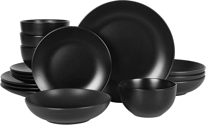 Gibson Home Queenslane 16-Piece Matte Black Stoneware Dinnerware Set – Double Bowl Plates and Bowls, Durable Kitchen Dinner Set by GibsonHomewares