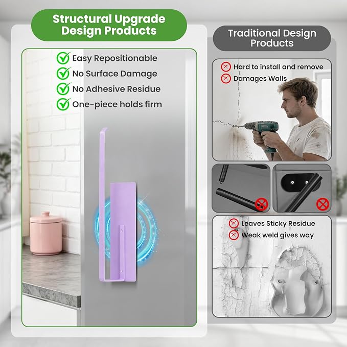Magnetic Paper Towel Holder for Fridge, Toilet Paper Roll Holder Magnetic Paper Towel Rack Wall Mount Fridge Organizer for Papers Towel Roll Bathroom Toilet Garage RV Decor Kitchen Organization Purple - Image 4