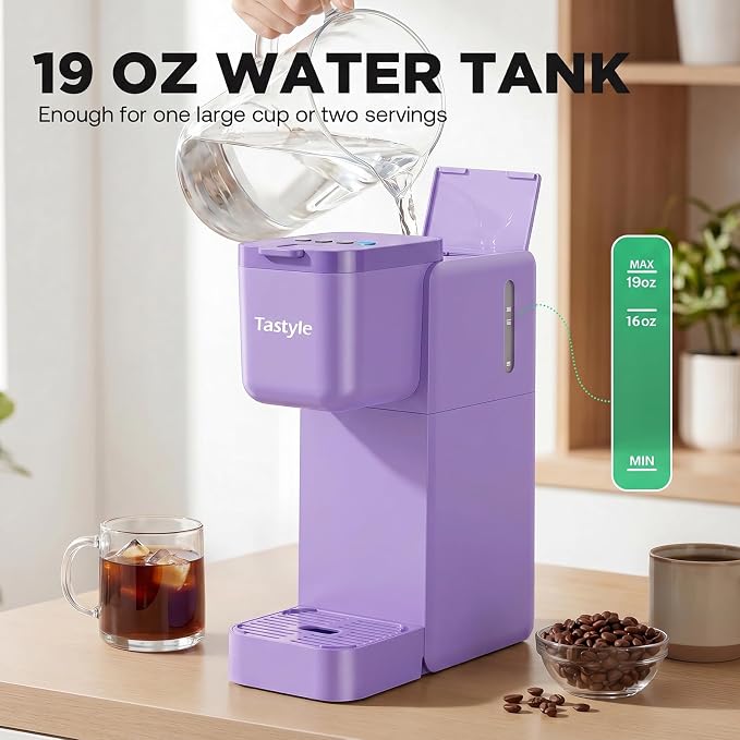Tastyle Single Serve Coffee Maker Hot and Iced with Bold Brew, Up to 16 Oz | for K Cup and Ground, Fits 7.3'' Travel Mug, 5 Cup Sizes, Compact for Office, RV& Hotel, K320, 3.0 Version, Purple - Image 6