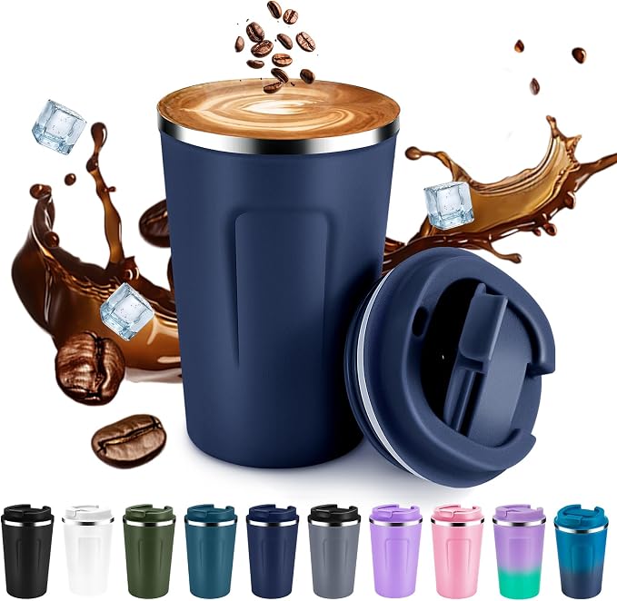 Volhoply 12 oz Double Wall Insulated Vacuum Travel Coffee Mug with Flip Lid,Reusable Stainless Steel Leak Proof Coffee Cup,Portable Iced Cafe Thermal Tumbler Suitable for Hot & Cold Drinks(Navy,1 Set) by LiveFully%EF%BC%8CDrinkFreely%E2%80%94KeepGoingwithVolhoply%EF%BC%81